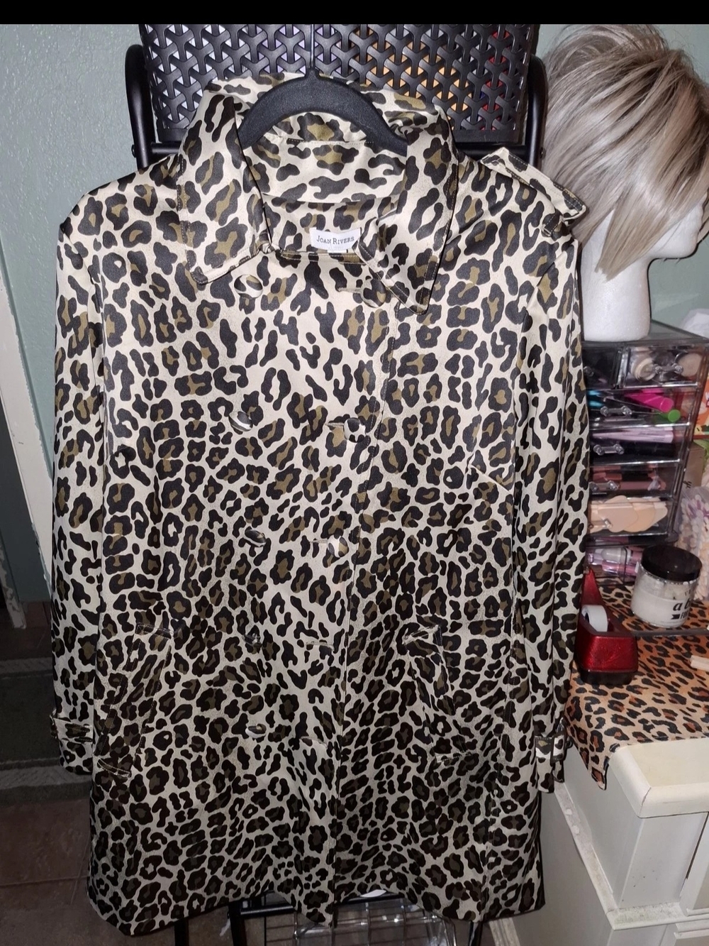 Joan Rivers Leopard-Print Satin Trench Coat in Black and Tan